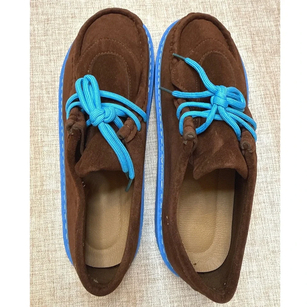 Mens Brown Suede Moccasins Blue Platform Sole Low Top Shoes Size 9.5-10